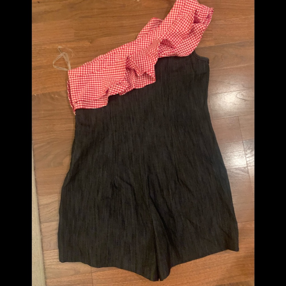 Womens One Piece Jean Romper With Red And White Gingham Ruffle size small